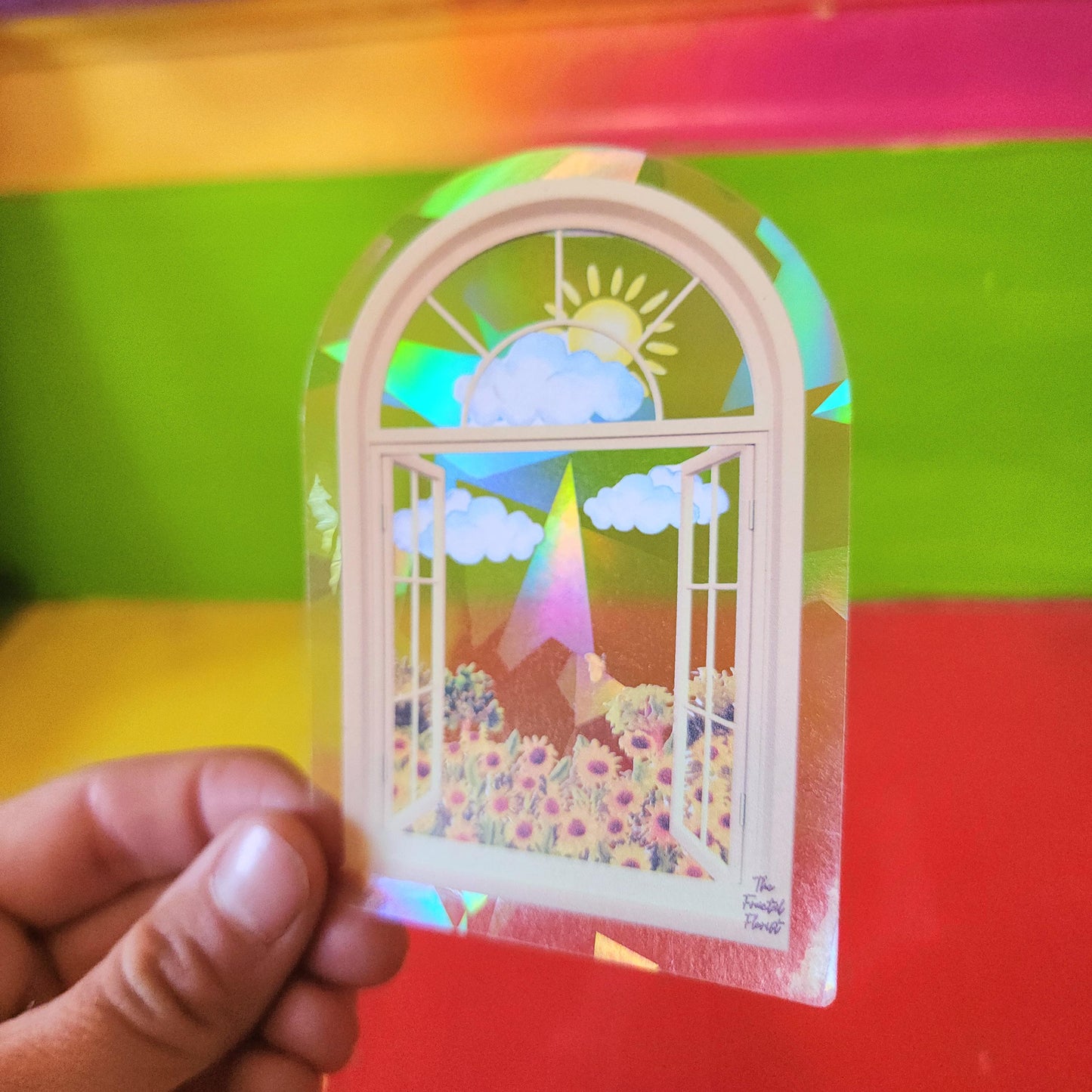 Sunflower Suncatcher Sticker - Fractal Suncatcher - Watercolor Painting- Rainbow Prism Light Refraction - Shadow & Light Art- Window Decal