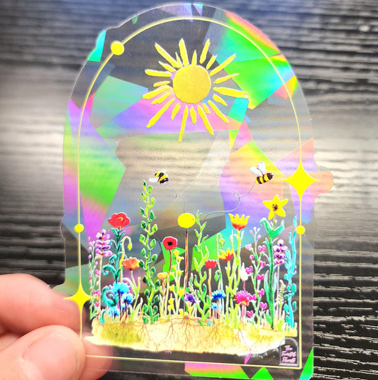 Wildflower n Bees Suncatcher Sticker - Window decal- Fractals -Watercolor Painting- Rainbow Prism Light - Shadow & Light Art