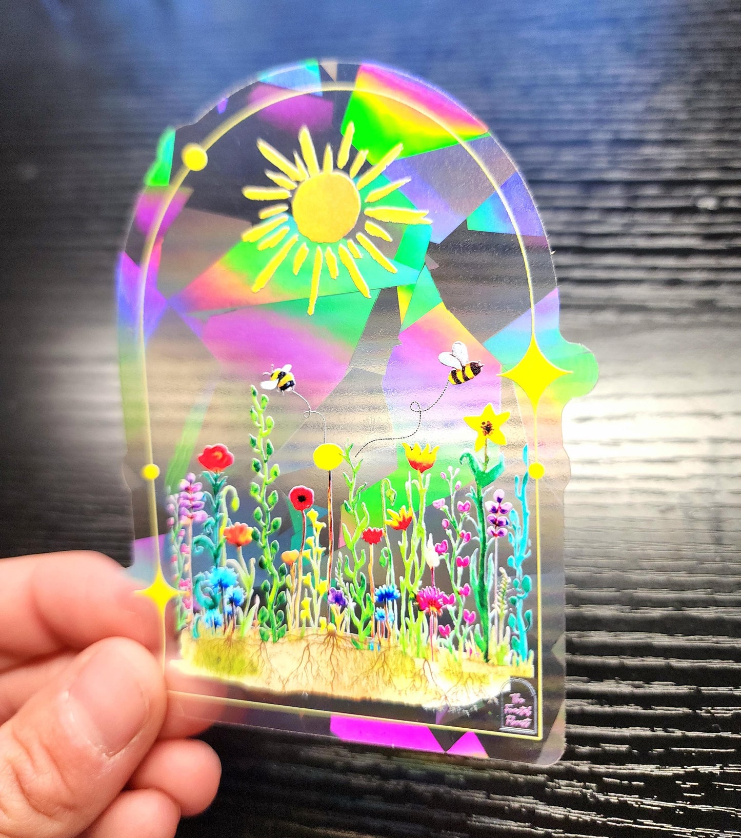 Wildflower n Bees Suncatcher Sticker - Window decal- Fractals -Watercolor Painting- Rainbow Prism Light - Shadow & Light Art