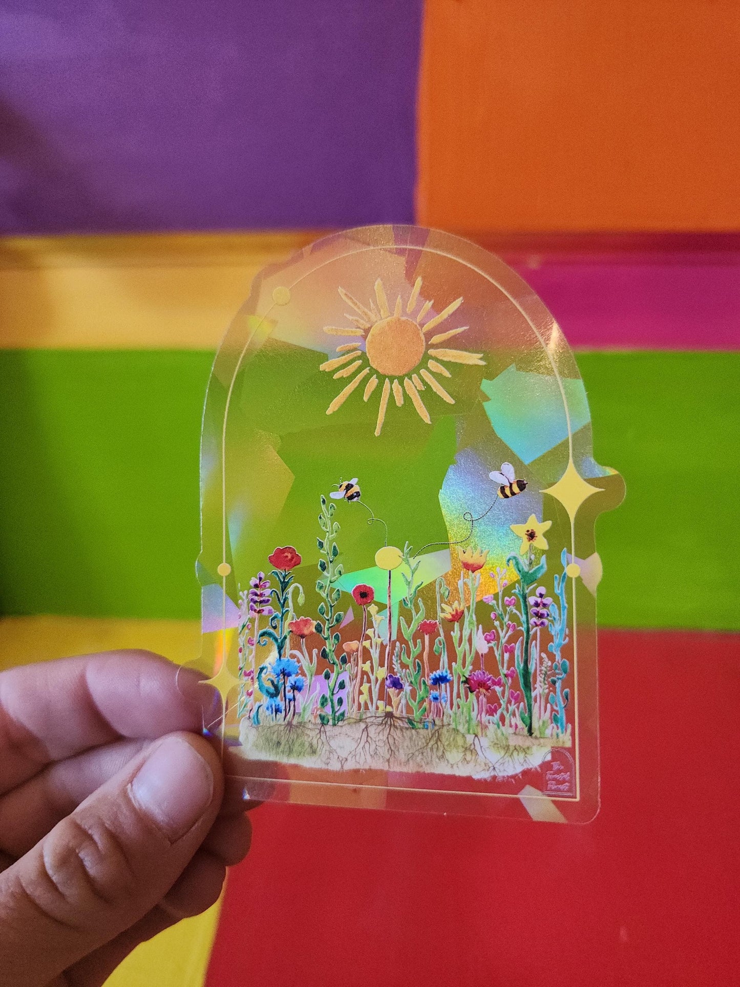 Wildflower n Bees Suncatcher Sticker - Window decal- Fractals -Watercolor Painting- Rainbow Prism Light - Shadow & Light Art