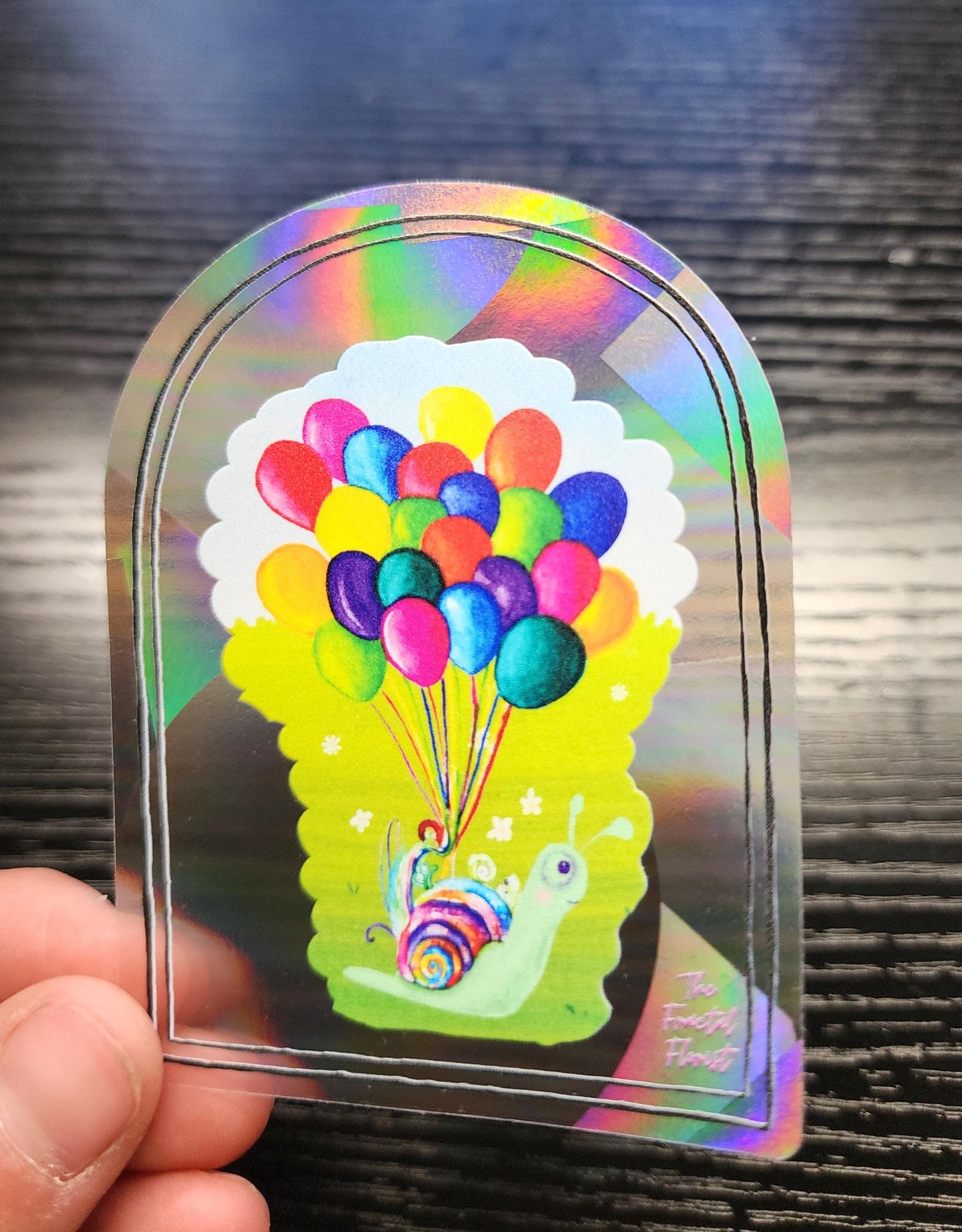 A Snail and Her Balloons - Suncatcher Sticker - Fractals - Window Decal - Watercolor Painting- Rainbow Prism Light - Shadow & Light Art-